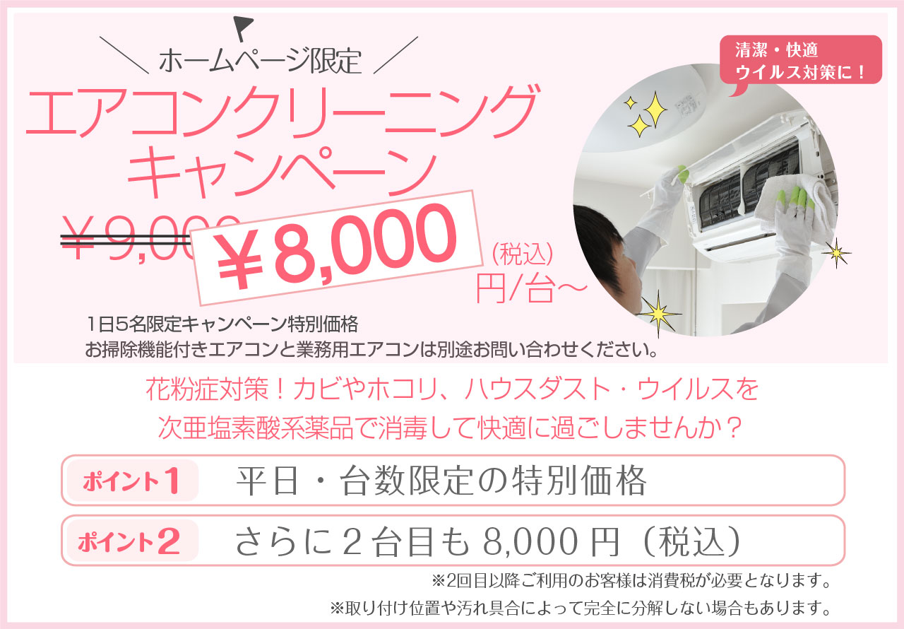 ホームページ限定　エアコンクリーニングキャンペーン　花粉症対策！カビやホコリ、ハウスダスト・ウイルスを次亜塩素酸系薬品で消毒して快適に過ごしませんか？